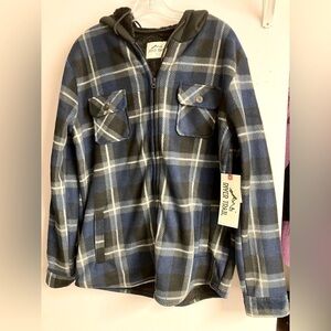 Men’s Fleece Hoodie Jacket, Medium, Blue/Black Plaid, NWT, by River Trail